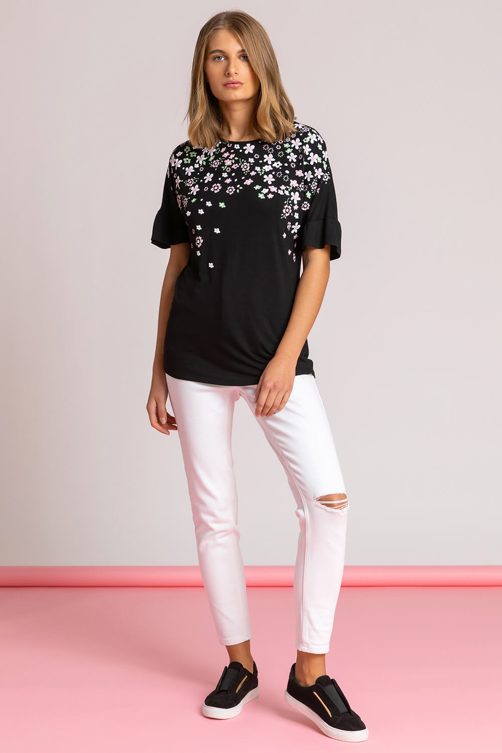 Black Floral Print Frill Sleeve Top, Image 3 of 5