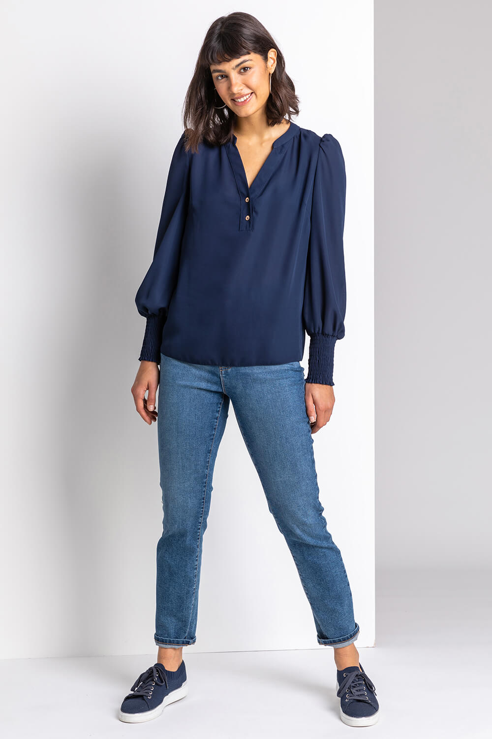 Navy  Plain Buttoned Shirred Cuff Top, Image 3 of 4