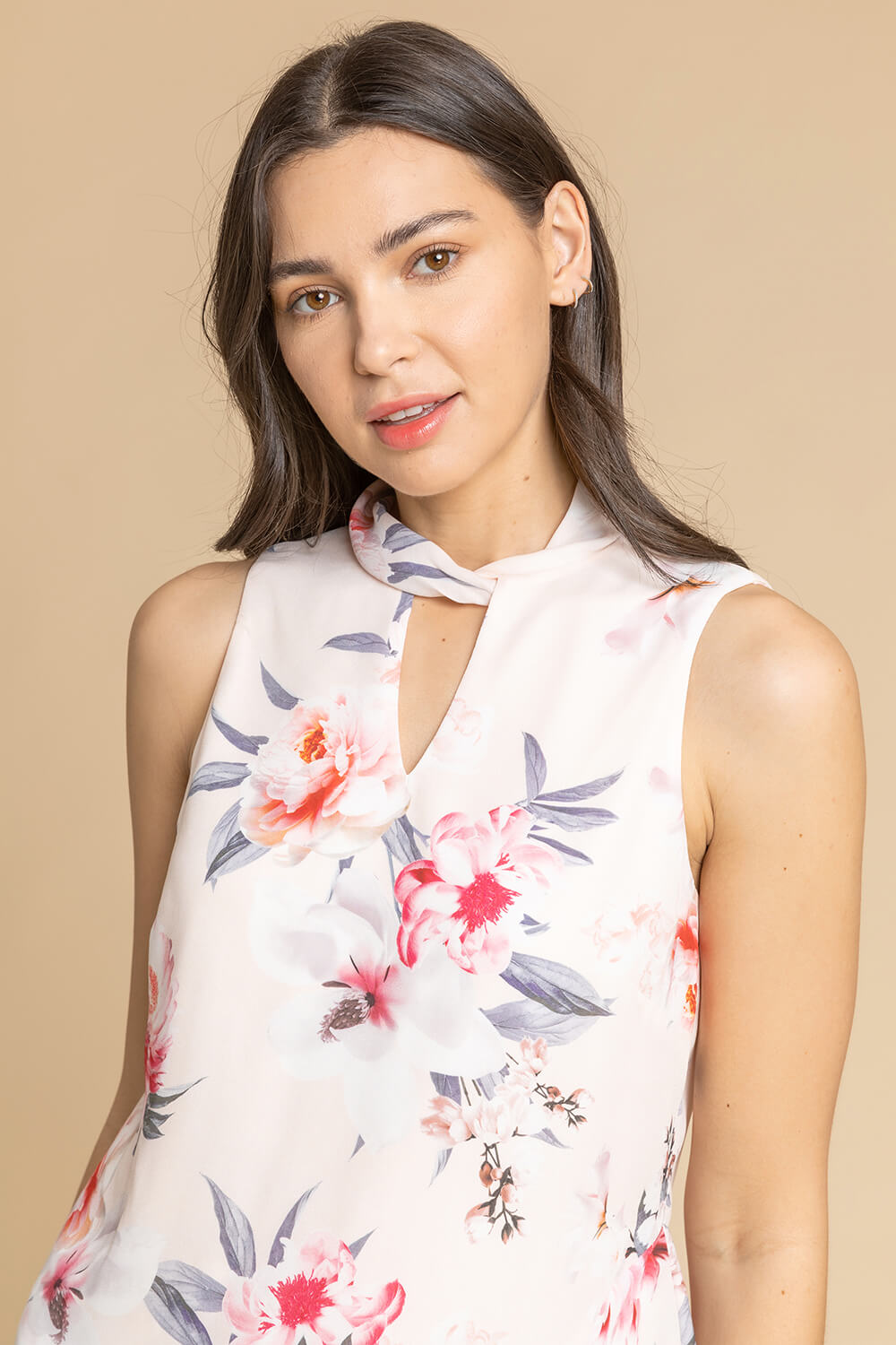 Light Pink Floral Twist Neck Frill Top, Image 4 of 5