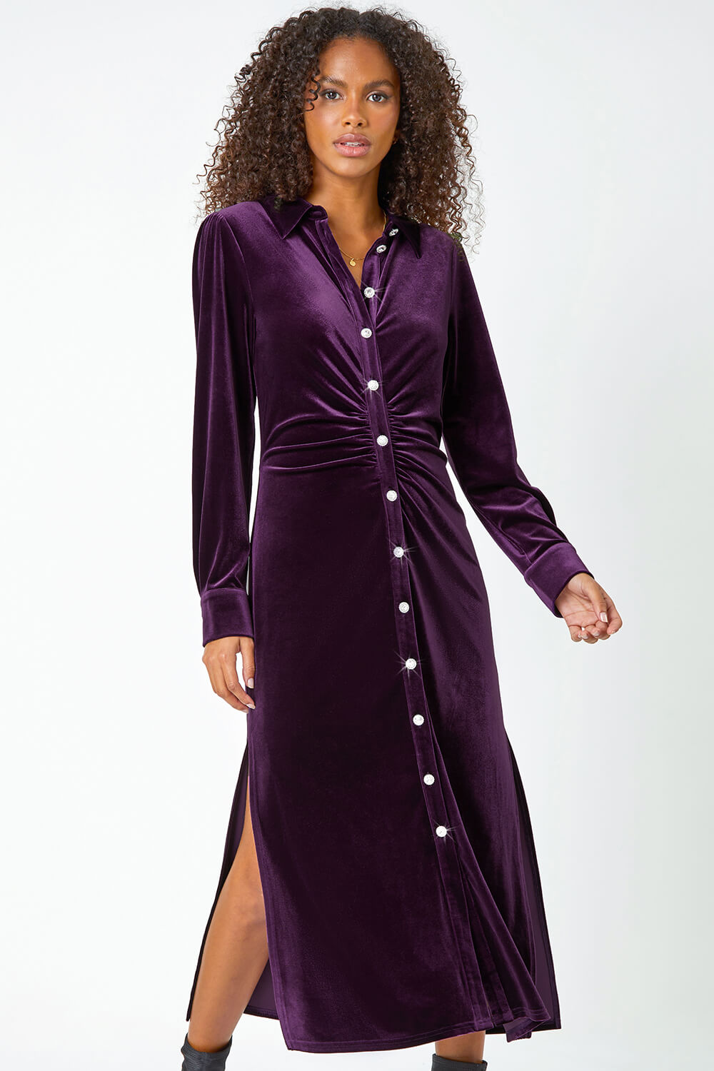 Purple Ruched Velvet Midi Stretch Dress | Roman UK
