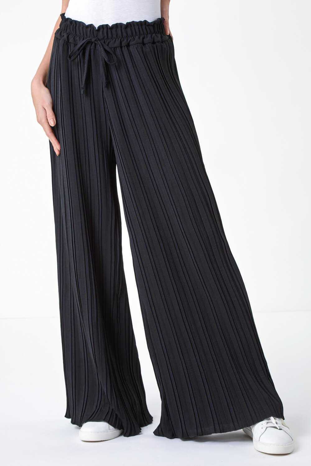 Black Pleated Tie Waist Stretch Trousers, Image 4 of 5