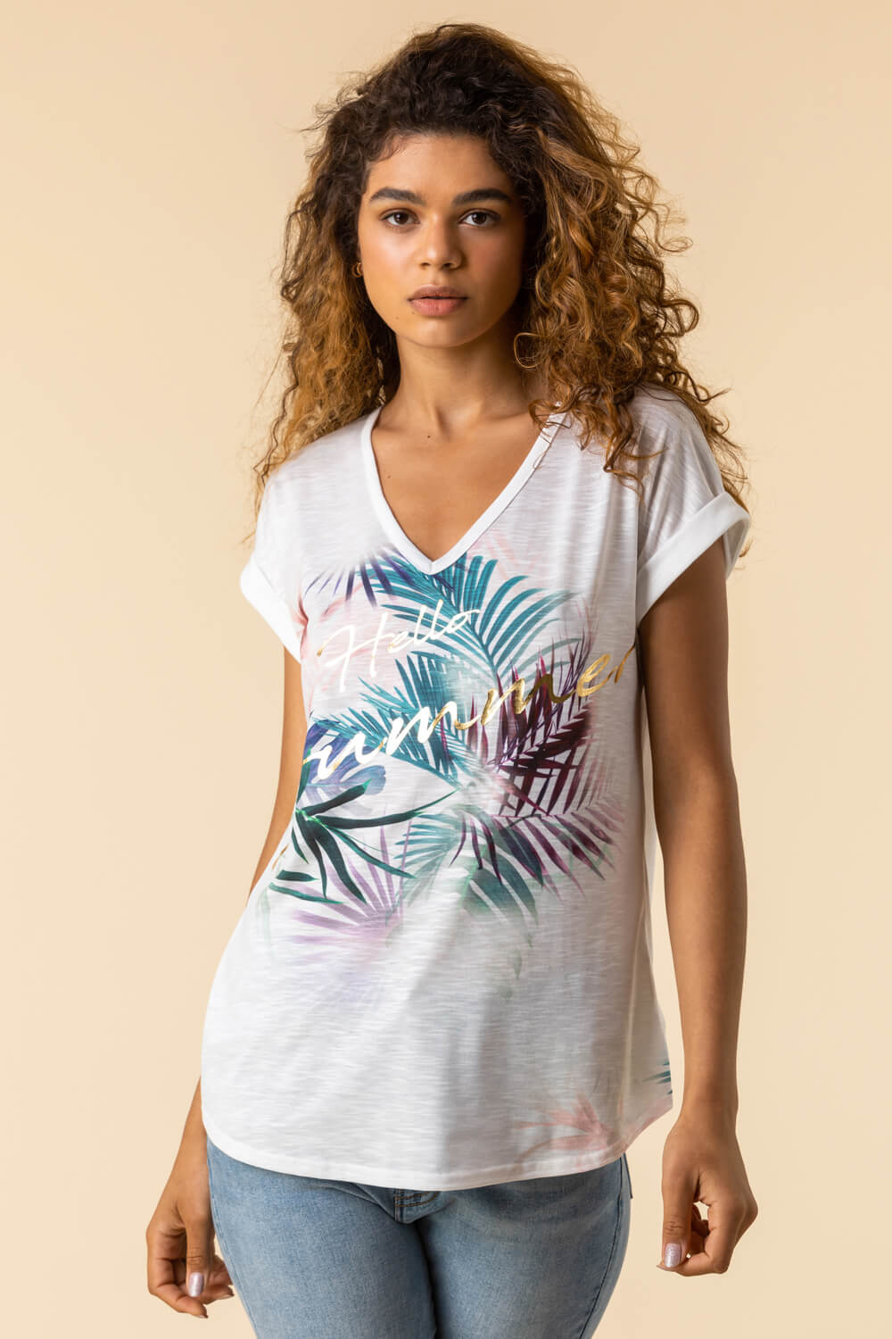 Ivory  Tropical Foil Print T-Shirt, Image 4 of 4