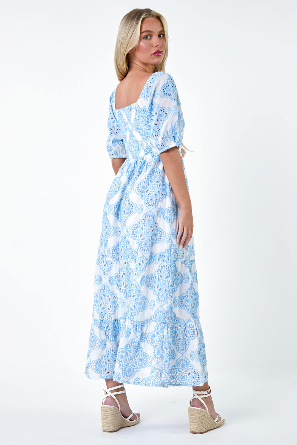Blue Petite Cotton Embroidered Shirred Maxi Dress, Image 3 of 5