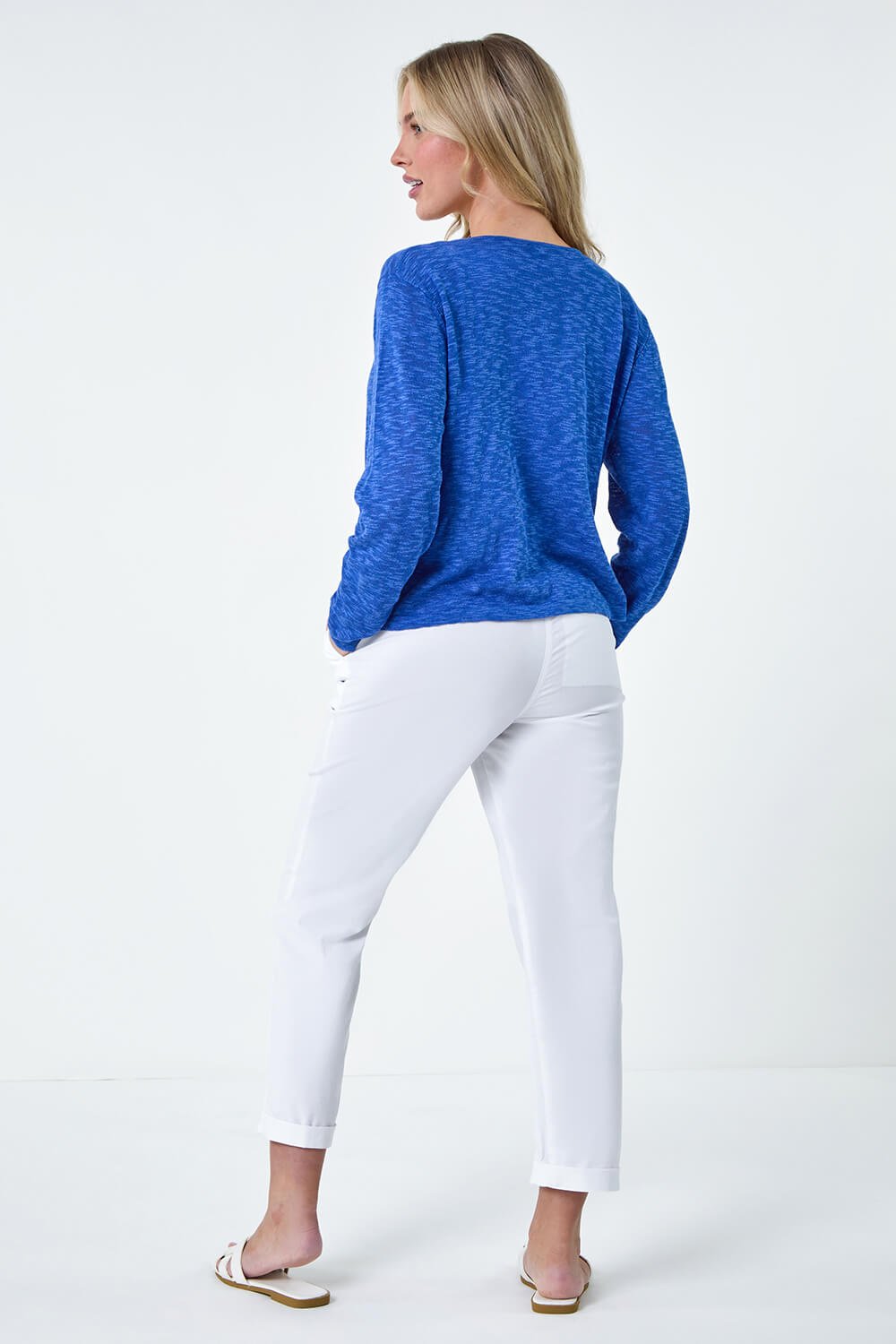 Royal Blue Petite Waterfall Front Cotton Knit Cardigan, Image 3 of 5