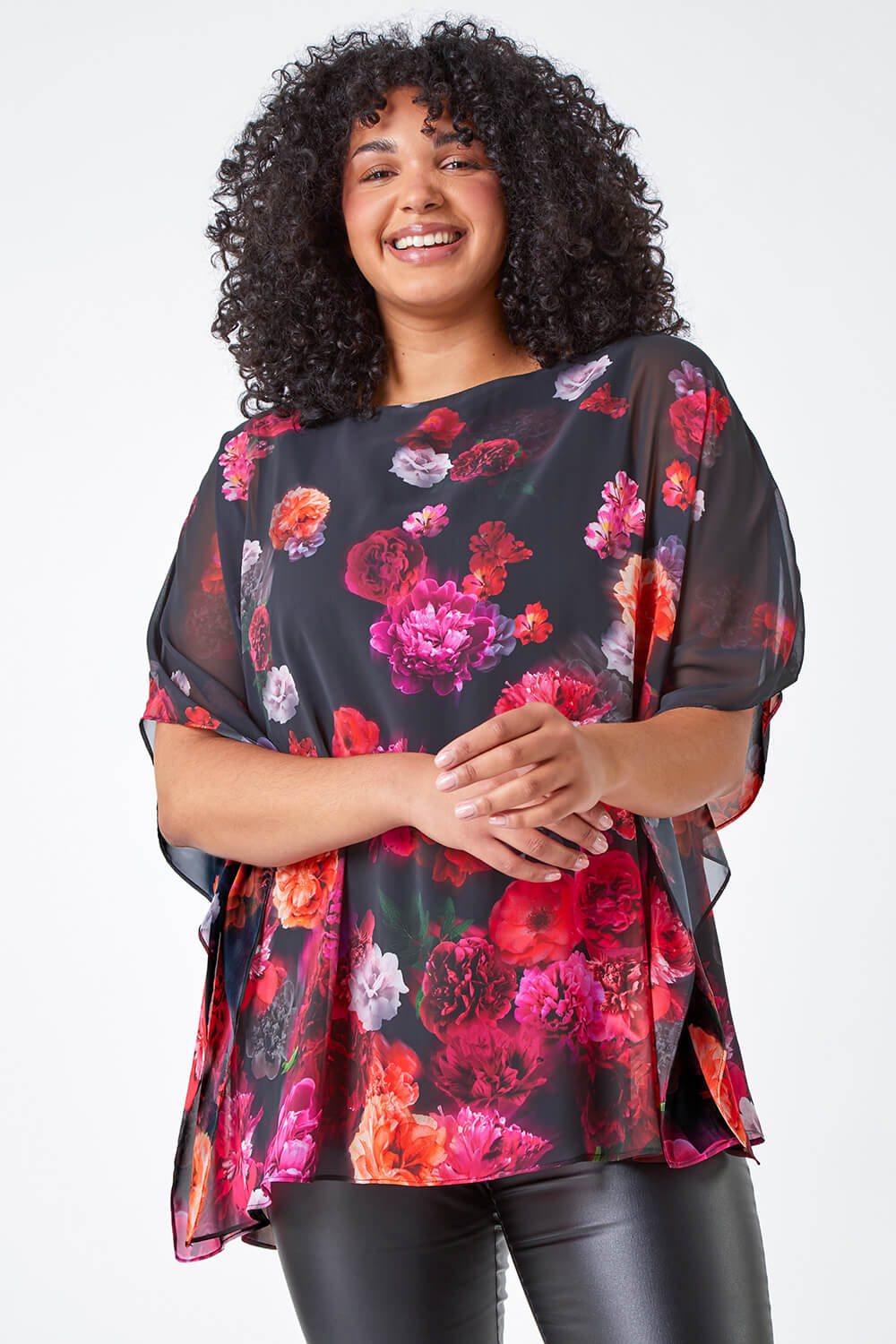 PINK Curve Floral Print Chiffon Overlay Top, Image 1 of 5