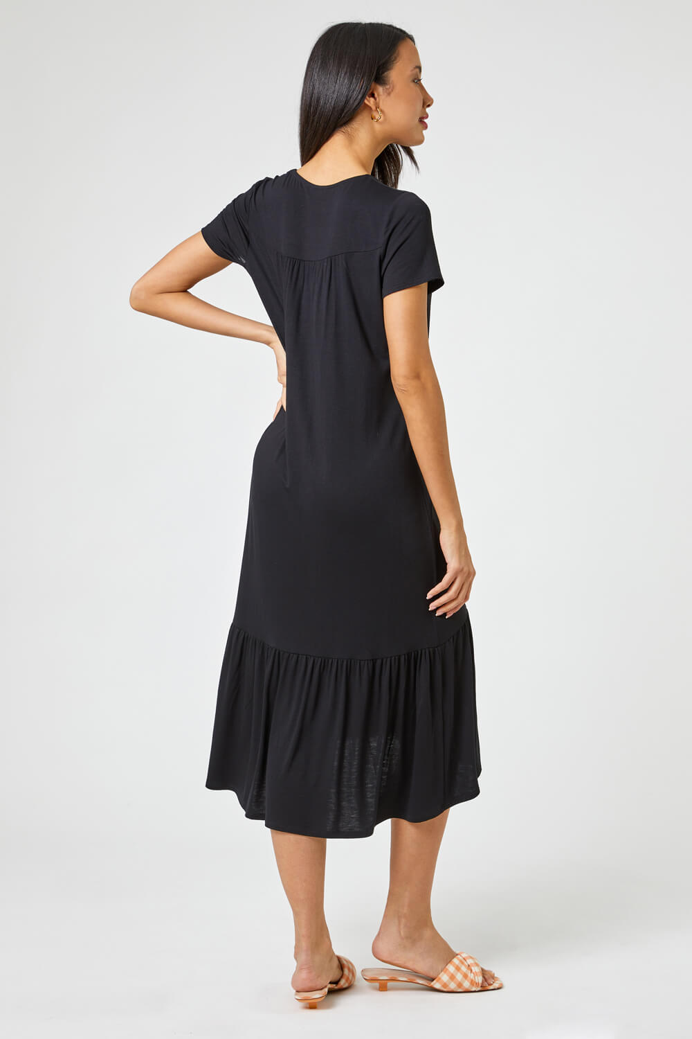 Black Tiered Hem Jersey Midi Dress, Image 2 of 4