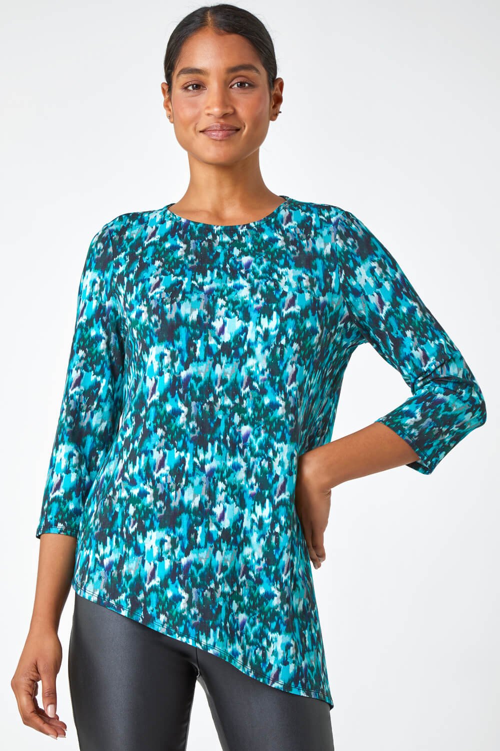 Turquoise Abstract Print Asymmetric Stretch Top | Roman UK