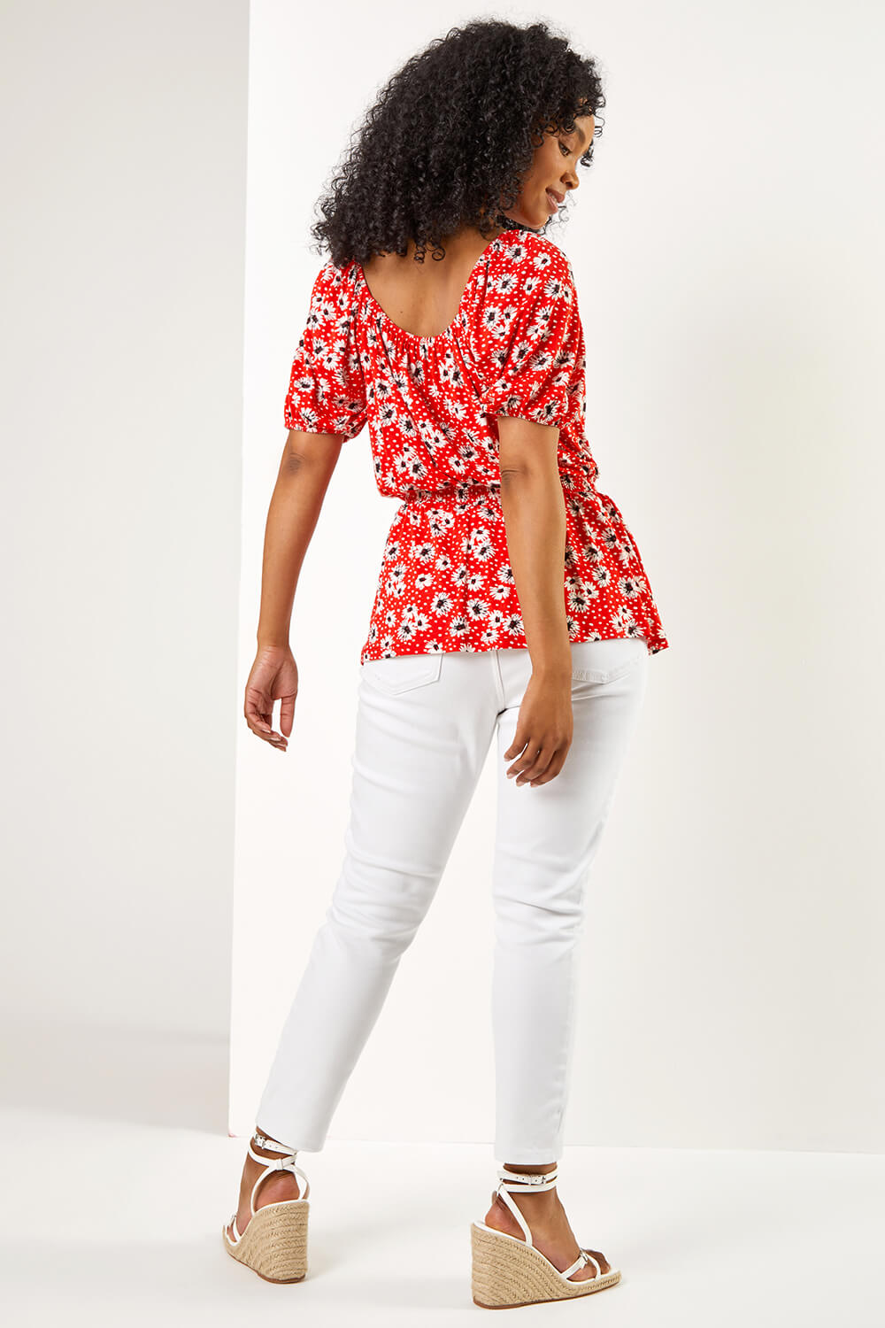 Red Petite Floral Print Shirred Waist Top, Image 3 of 5