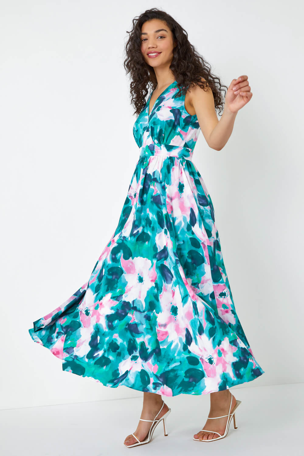 Green Sleeveless Floral Print Maxi Dress, Image 2 of 5