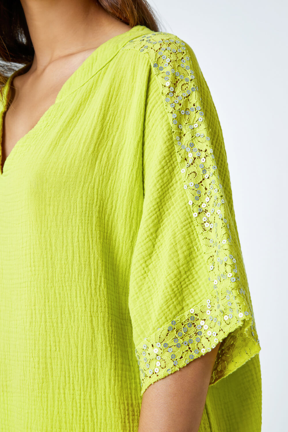 Lime Cotton Sequin Lace Trim Tunic Top, Image 5 of 5