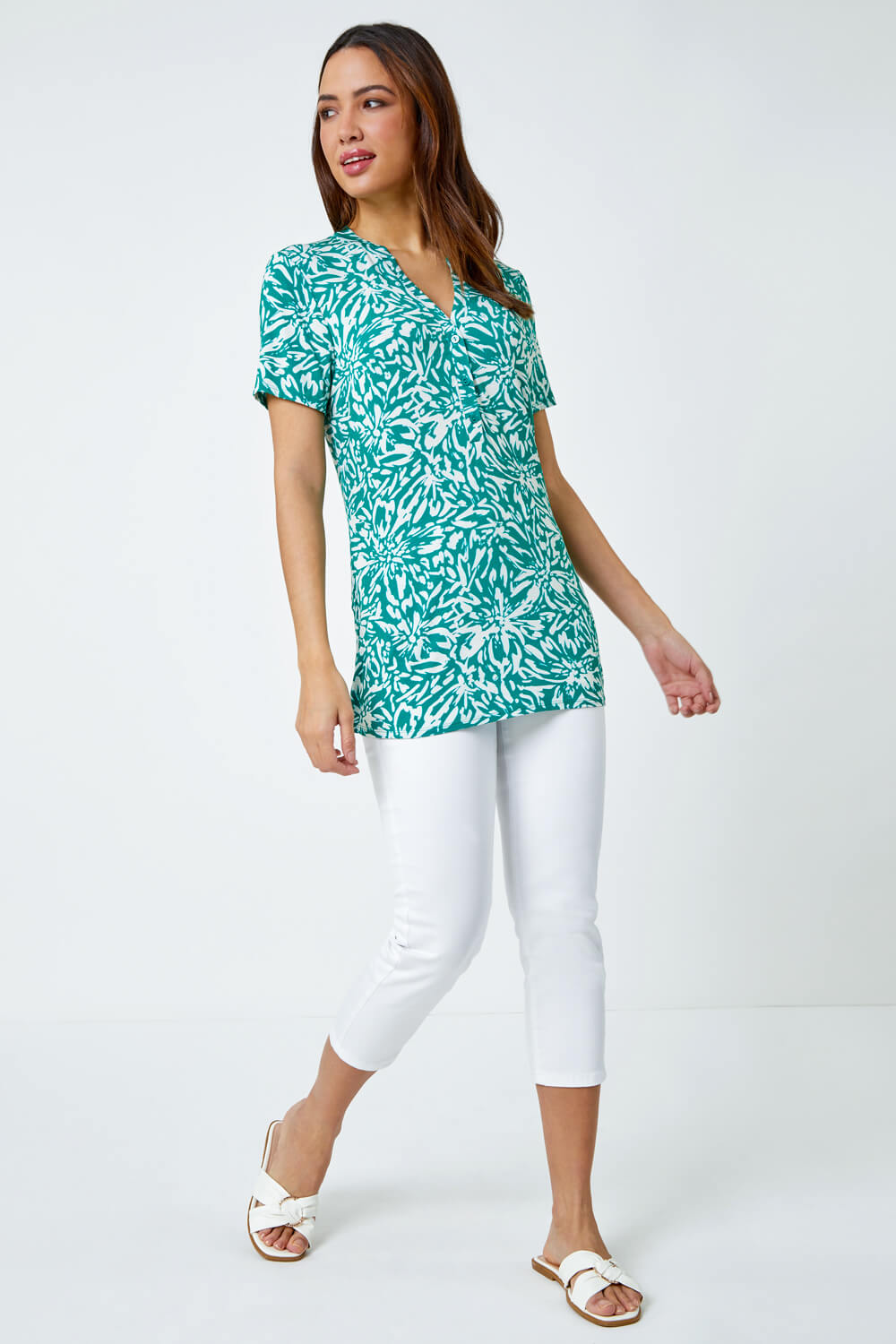Green Abstract Floral Print Top, Image 4 of 5