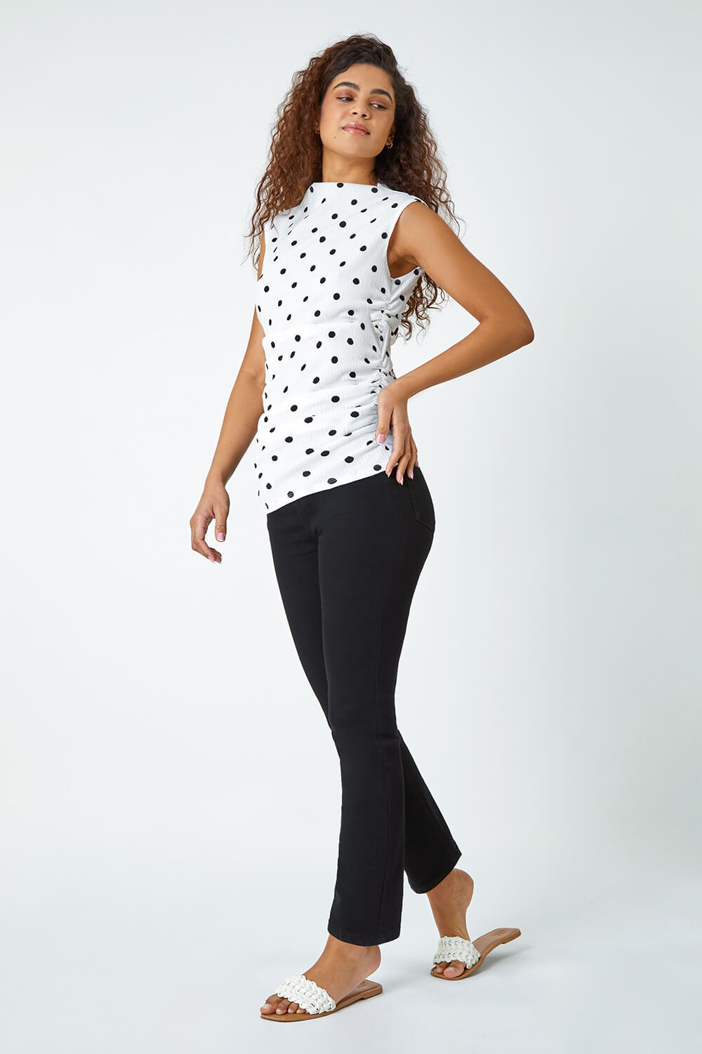 Black Polka Dot Ruched Stretch Top, Image 2 of 5
