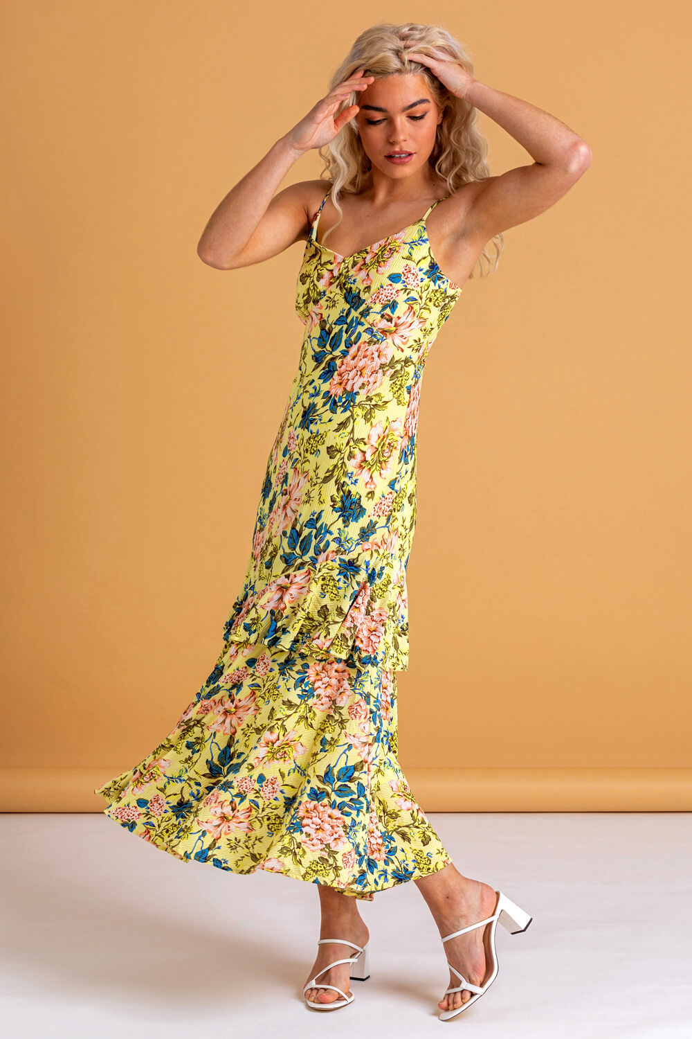 Yellow Fluted Hem Floral Print Dress, Image 3 of 4