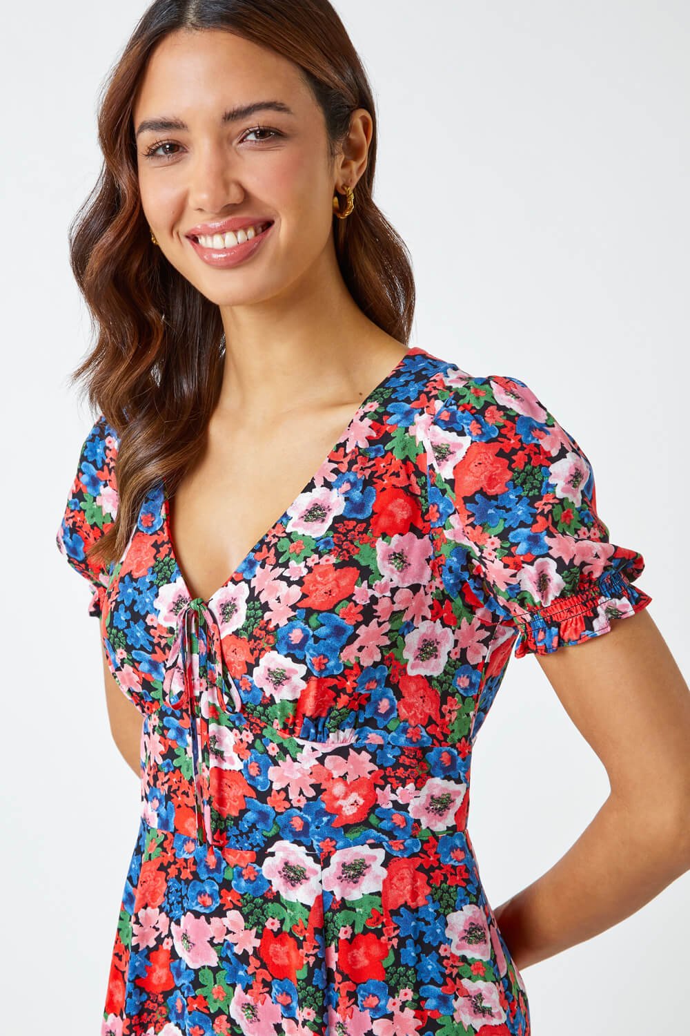 Red Frill Sleeve Floral Tea Dress, Image 4 of 5