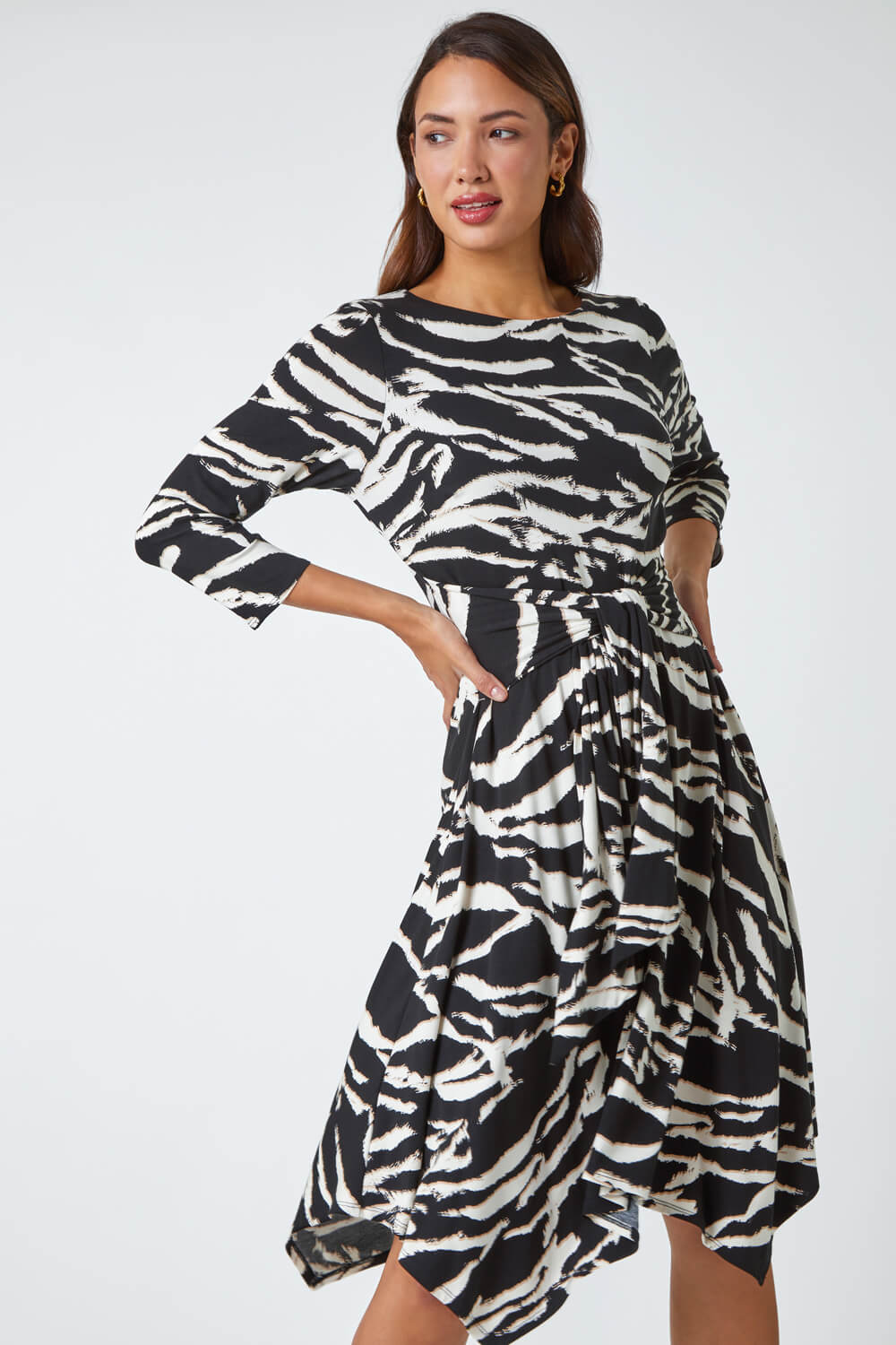 Black Abstract Print Twist Waist Stretch Dress | Roman UK