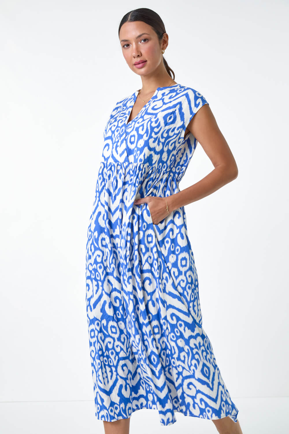 Royal Blue Aztec Print Midi Smock Dress, Image 2 of 5