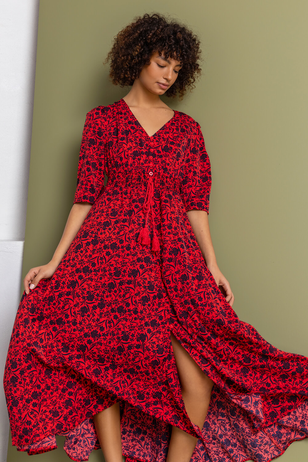Red Floral Print Shirred Waist Maxi Dress | Roman UK