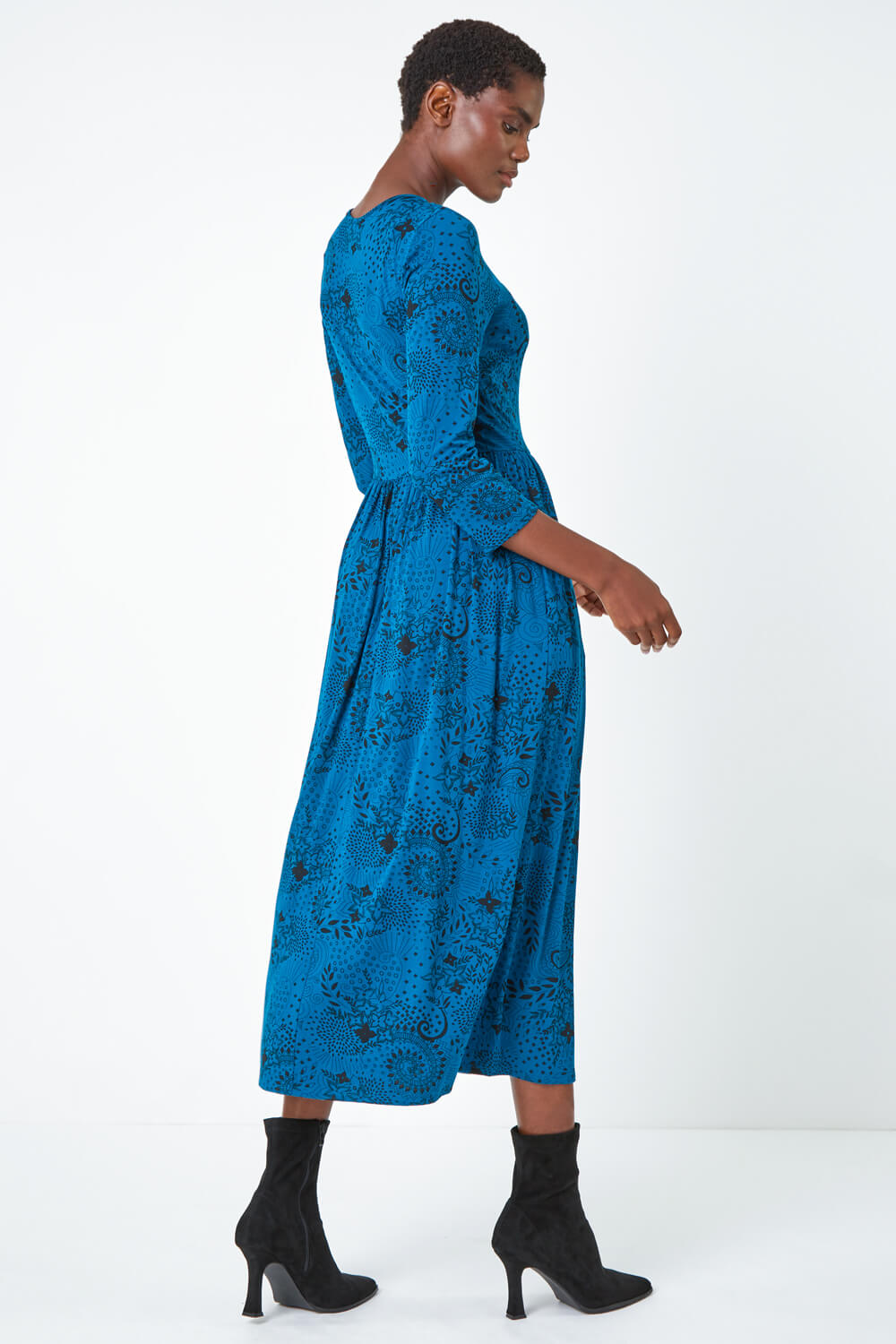 Teal Paisley Print Midi Stretch Dress , Image 3 of 5