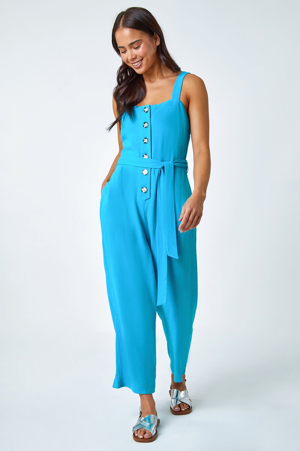 Turquoise Petite Sleeveless Linen Blend Jumpsuit, Image 2 of 5