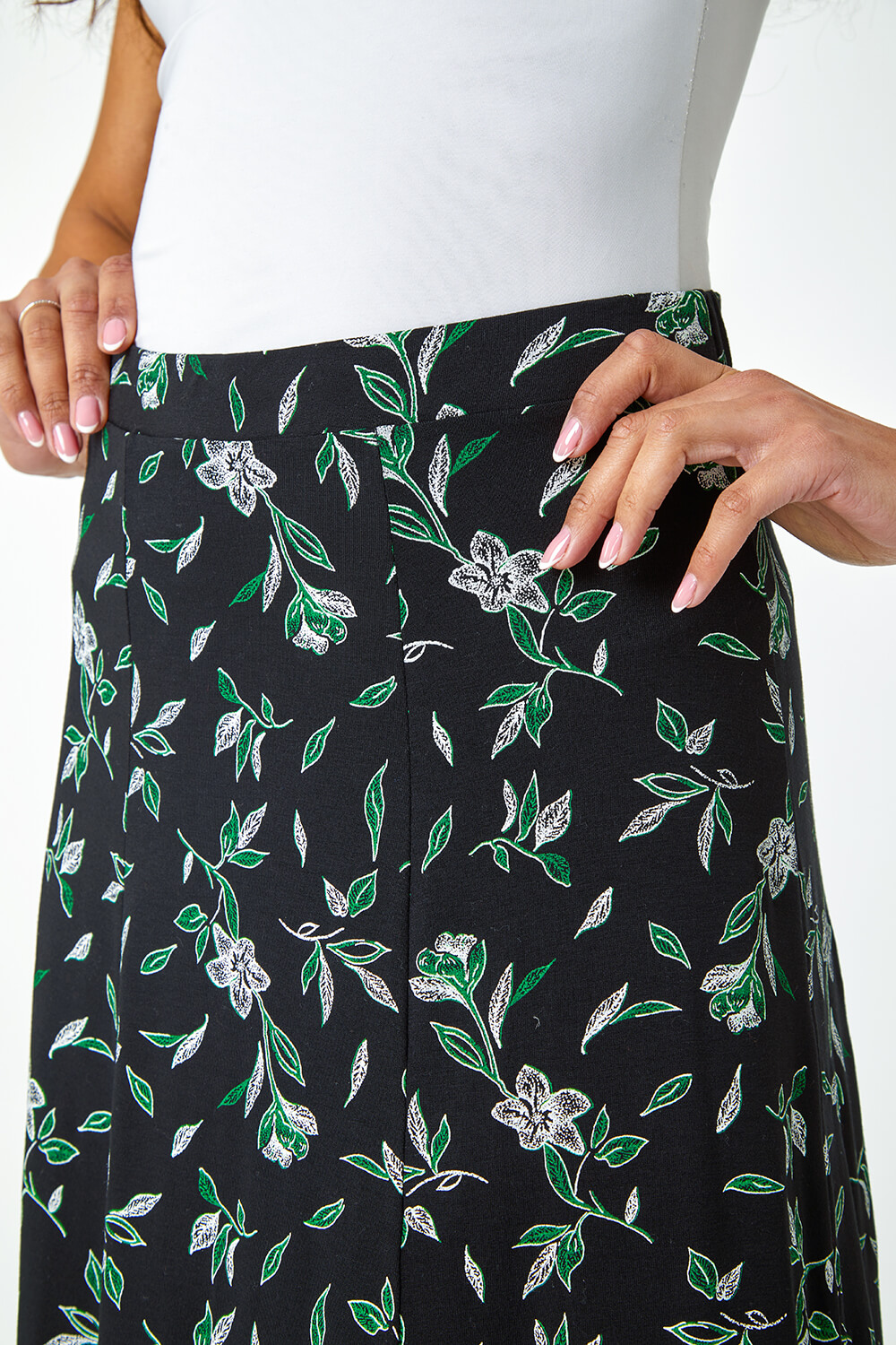 Green Floral Leaf Stretch Jersey Midi Skirt, Image 5 of 5