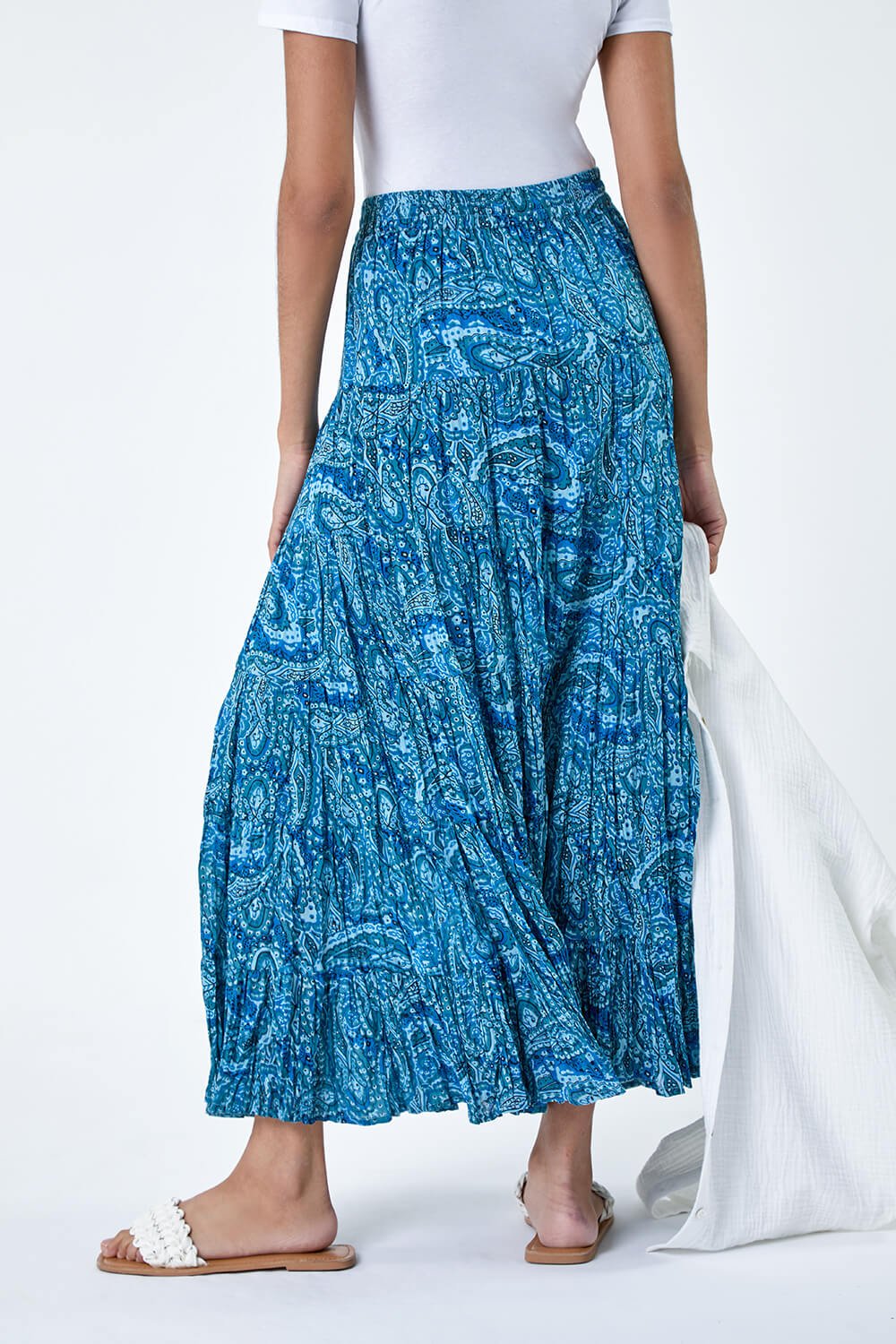 Blue Paisley Crinkle Cotton Tiered Maxi Skirt, Image 3 of 5