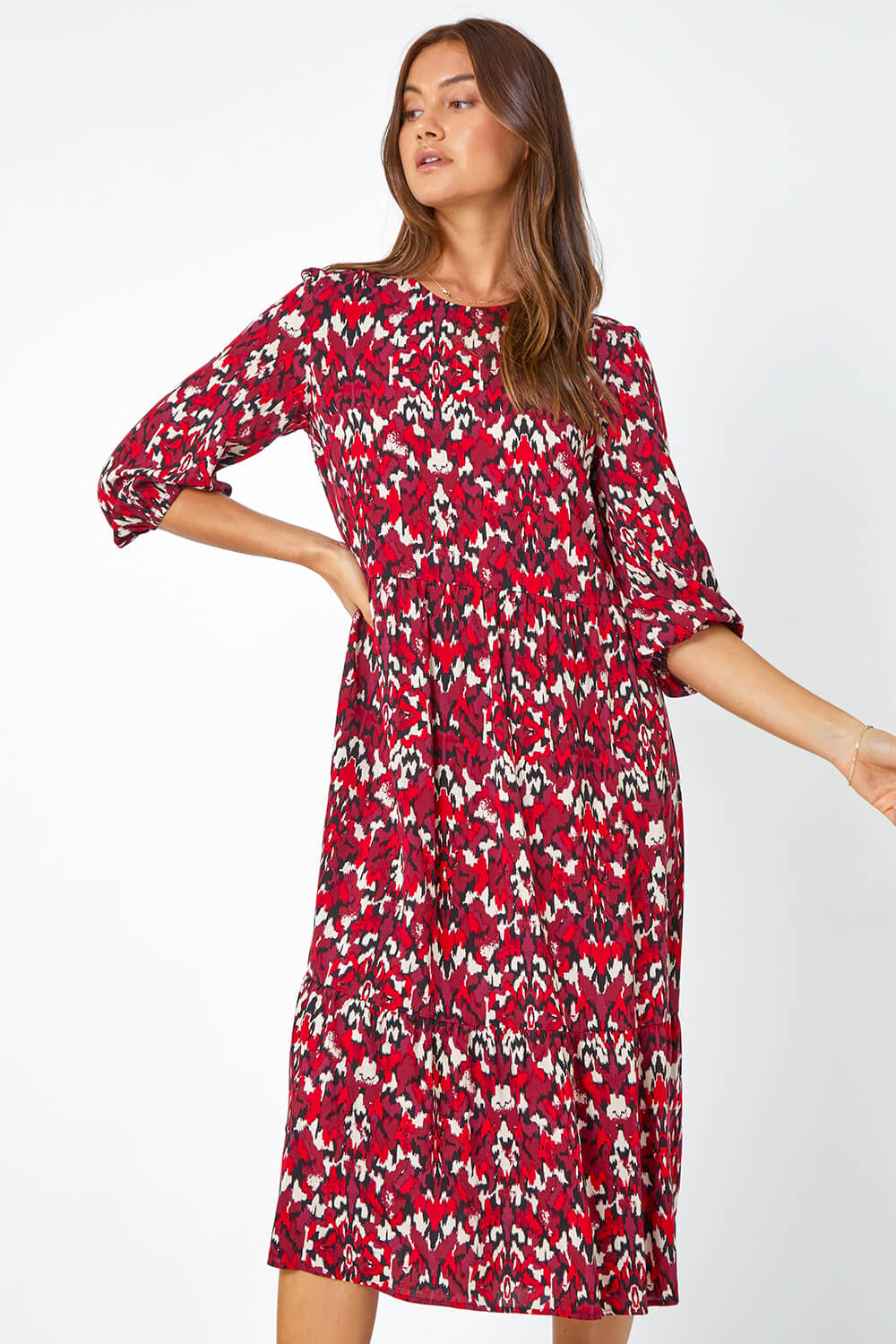 Red Abstract Print Tiered Smock Midi Dress, Image 2 of 5