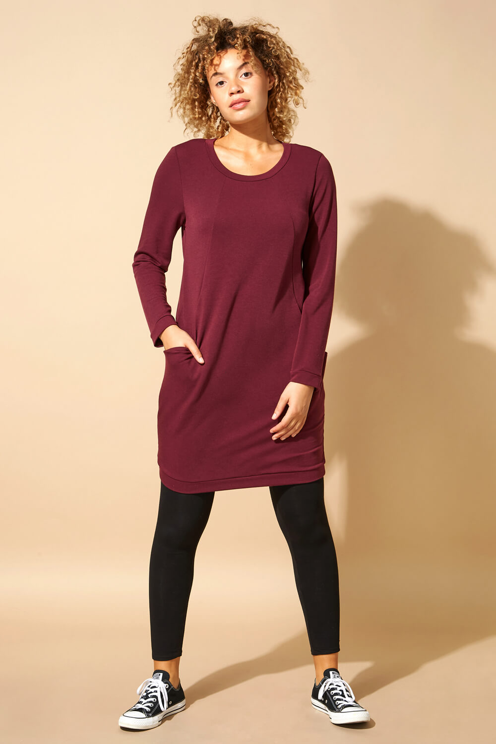 Wine Front Pocket Long Sleeve Cocoon Dress, Image 2 of 5
