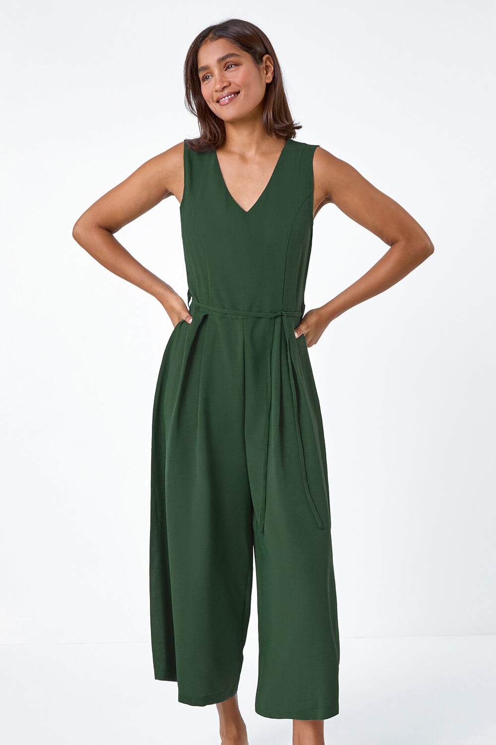 Green Sleeveless Wide Leg Culotte Jumpsuit, Image 2 of 5