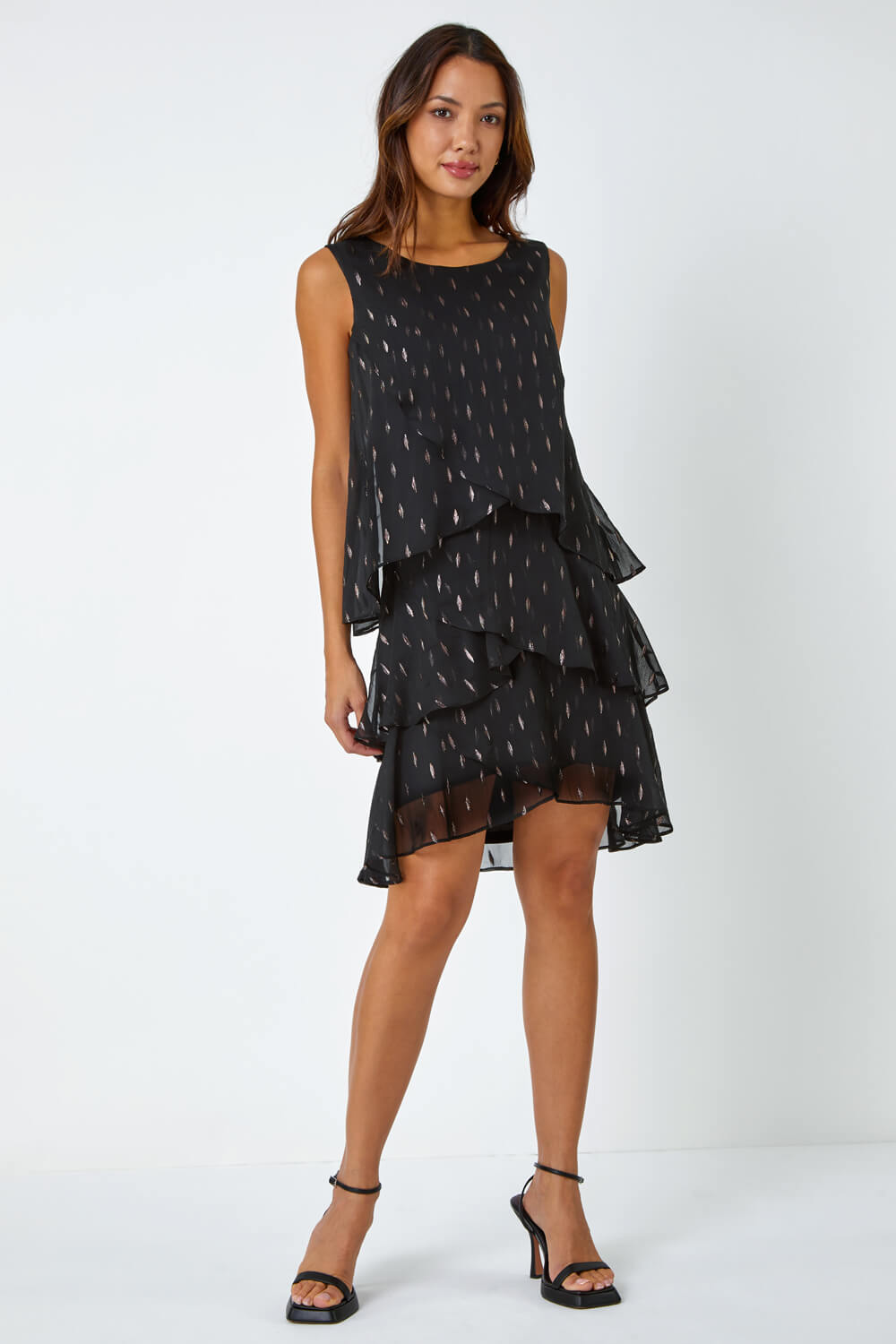 Black Shimmer Foil Print Tiered Dress, Image 2 of 5