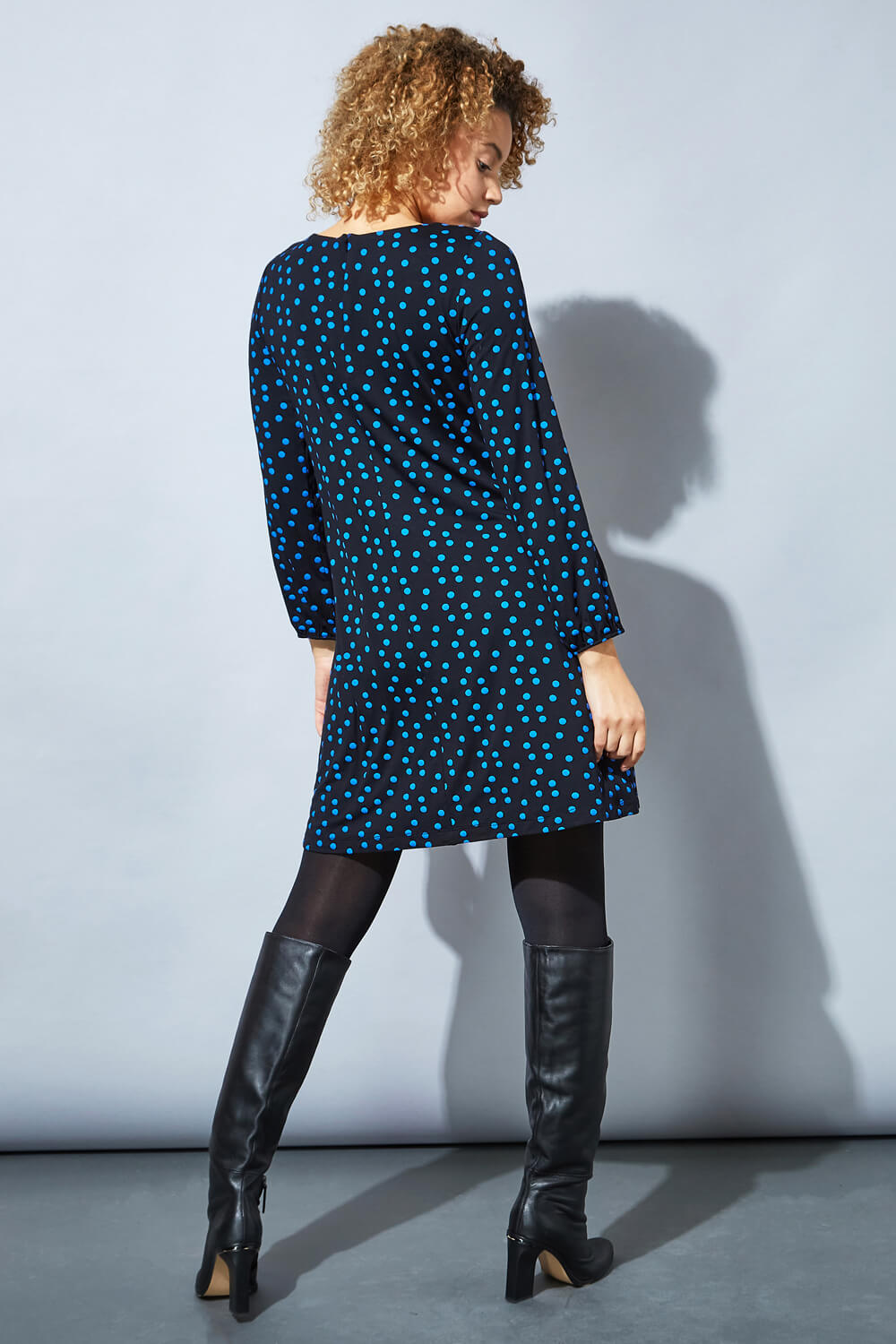 Blue Long Sleeve Spot Print Shift Dress, Image 3 of 4