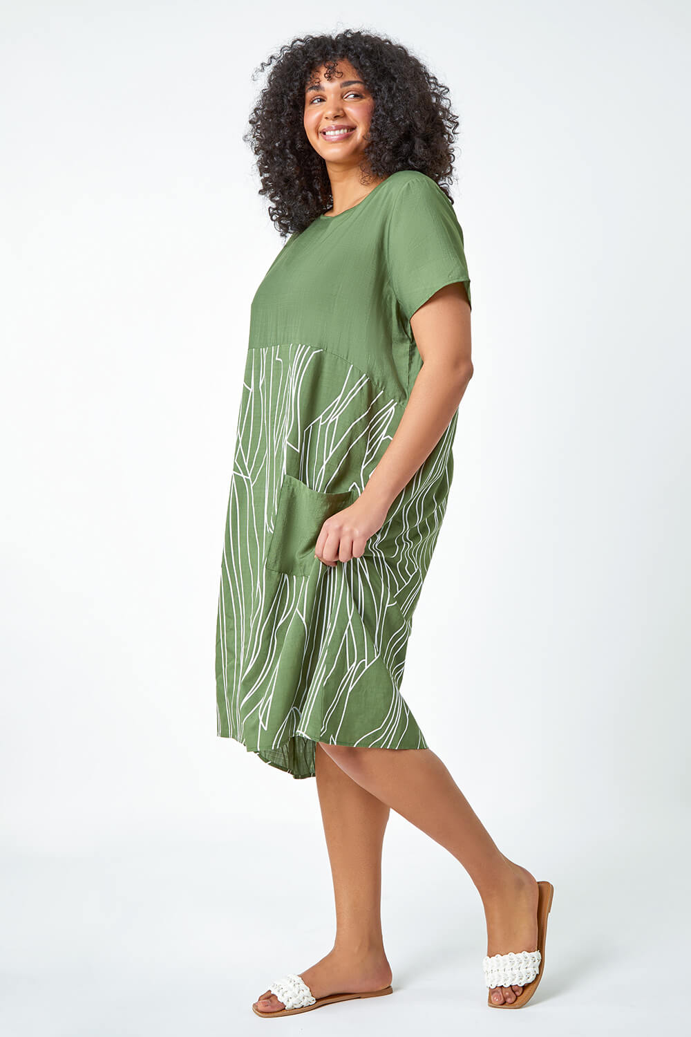KHAKI Curve Contrast Print Pocket T-Shirt Dress, Image 2 of 5