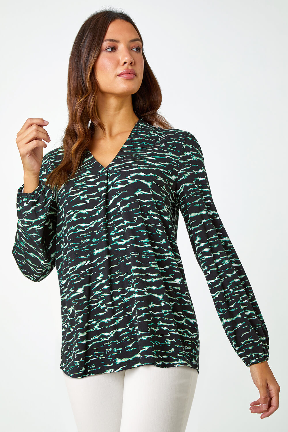 Green Wave Print Pleated Stretch Top, Image 1 of 5