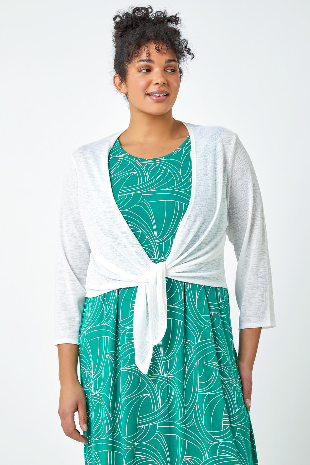 White Curve Tie Front Stretch Cropped Cardigan, Image 2 of 5