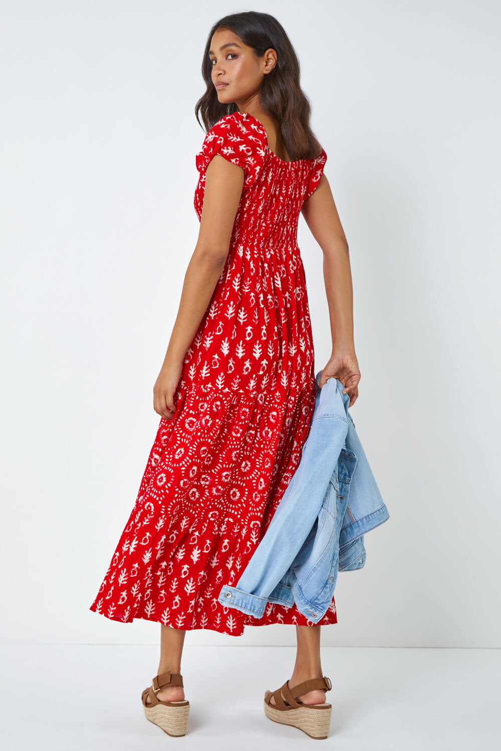 Red Boho Print Tiered Maxi Dress, Image 3 of 7
