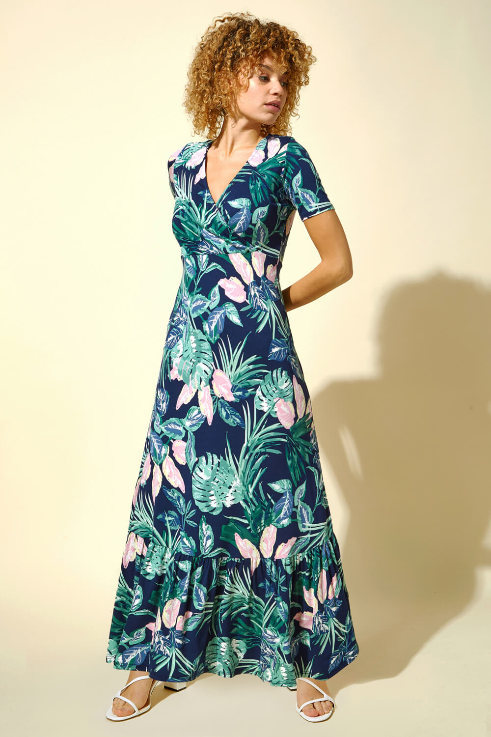 Tropical Floral Print Maxi Dress in Green - Roman Originals UK
