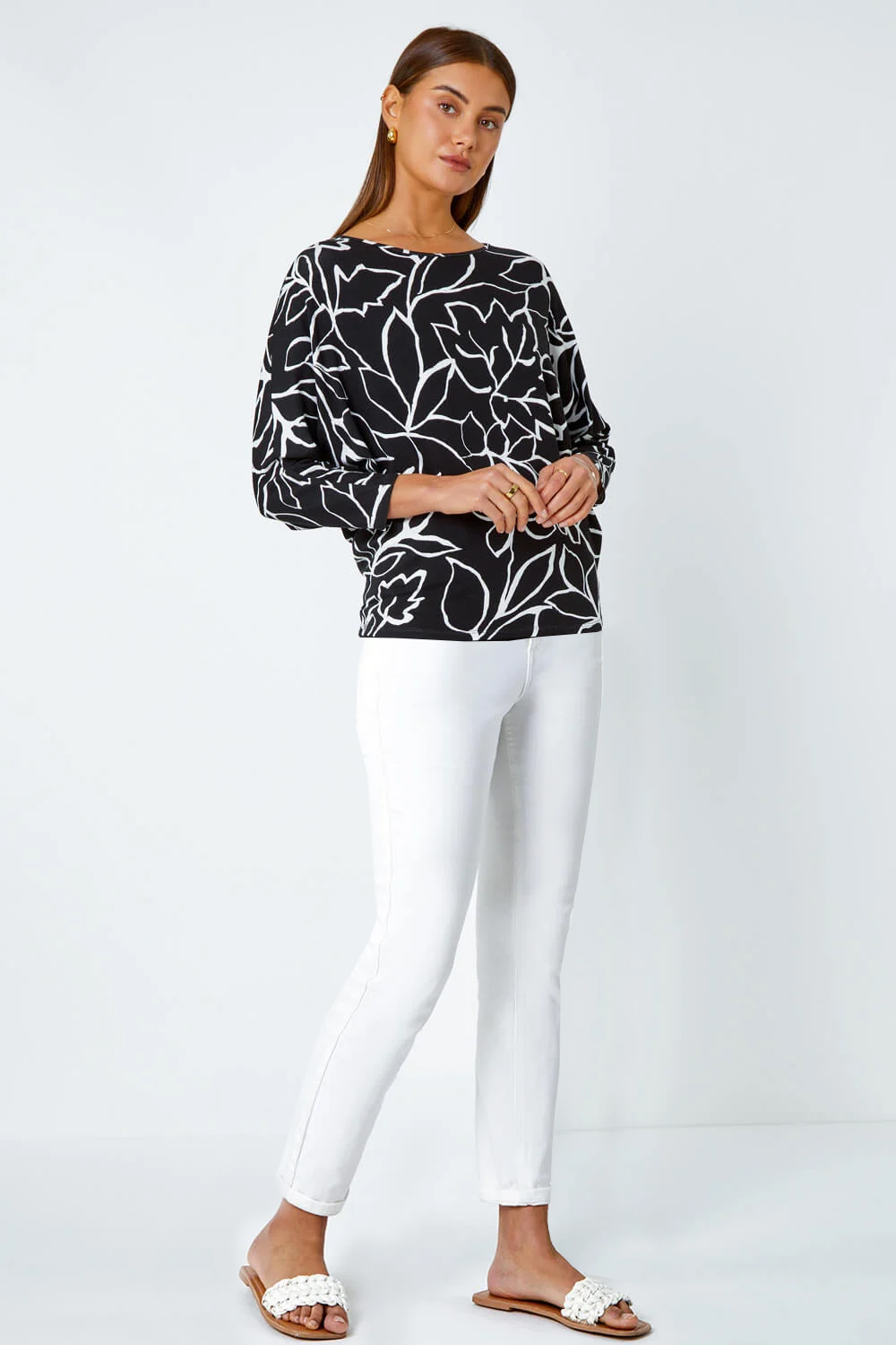 Black Contrast Floral Linear Print Stretch Top, Image 2 of 5