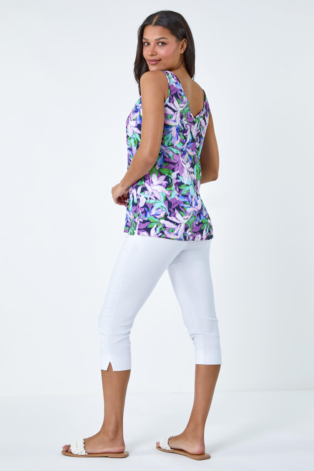 Purple Sleeveless Leaf Print Button Cami Top, Image 3 of 5