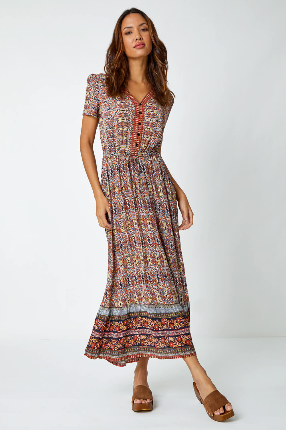 Rust Boho Print Fit and Flare Maxi Dress, Image 2 of 5