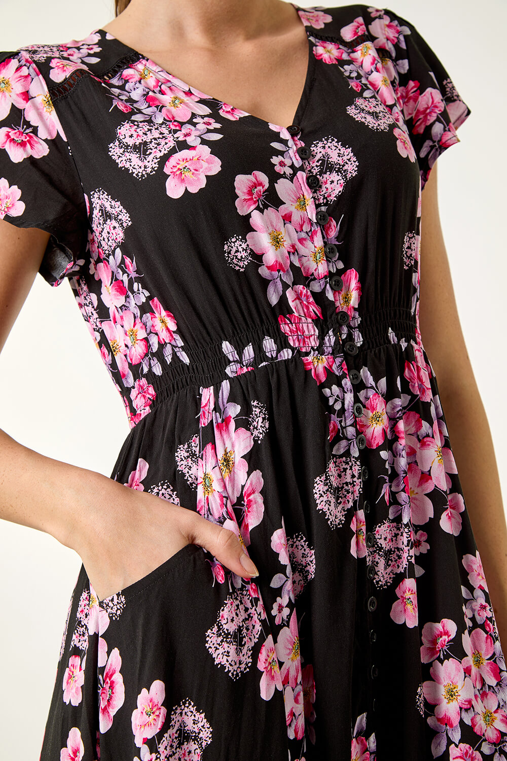 Pink Floral Print Shirred Waist Maxi Dress | Roman UK