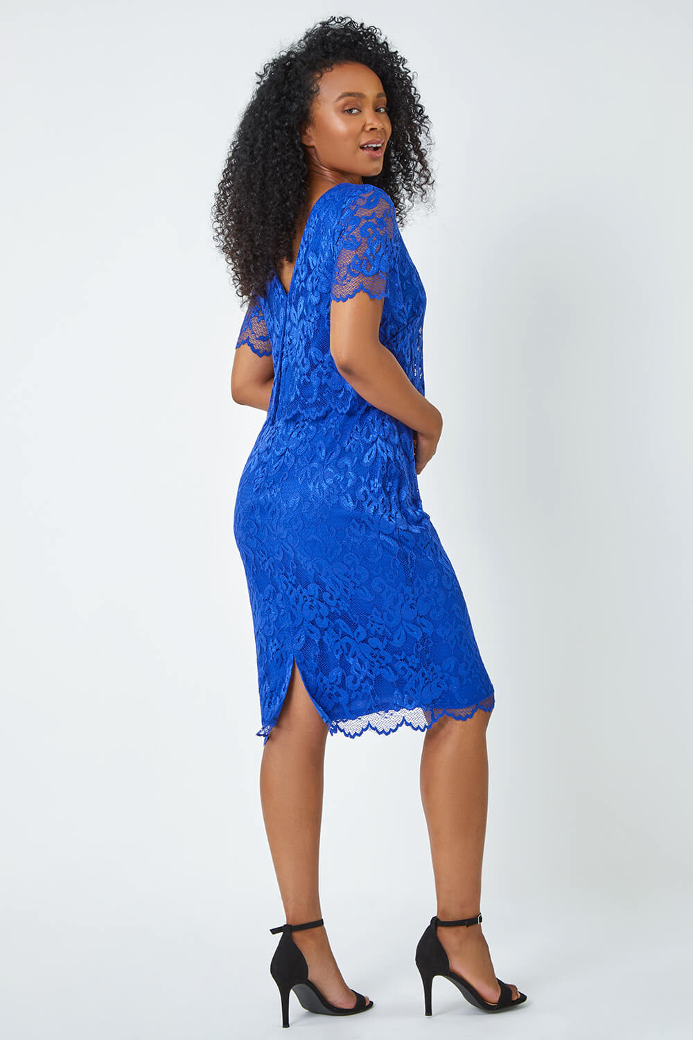 Blue Petite Lace Overlay Stretch Dress, Image 3 of 5