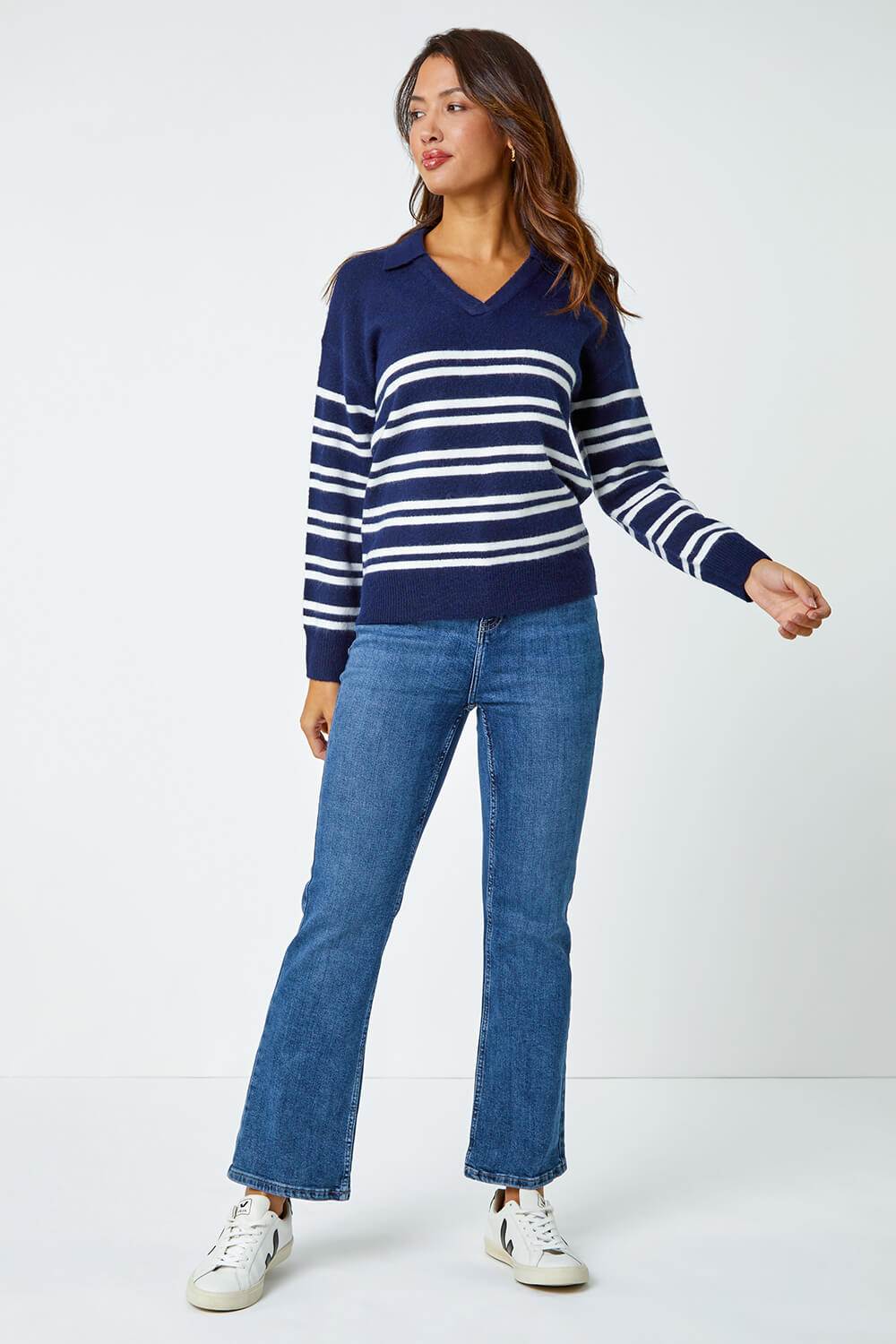 Navy  Stripe Print Collared Stretch Jumper, Image 2 of 5