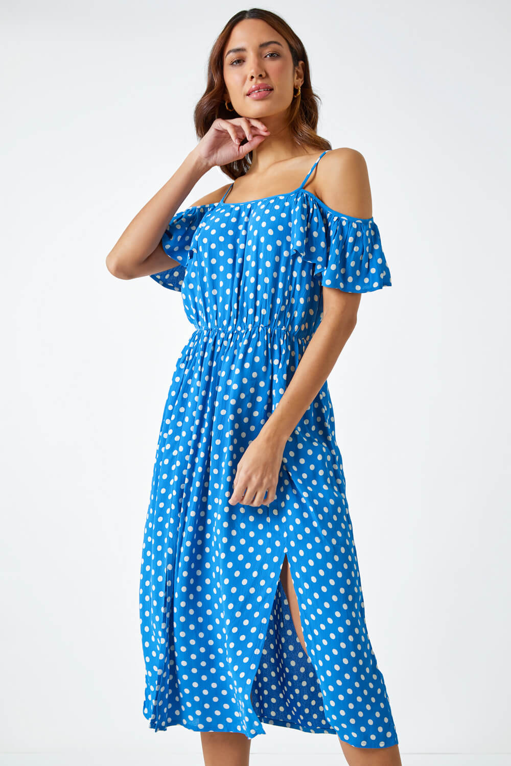 Light Blue  Cold Shoulder Polka Dot Midi Dress, Image 2 of 5
