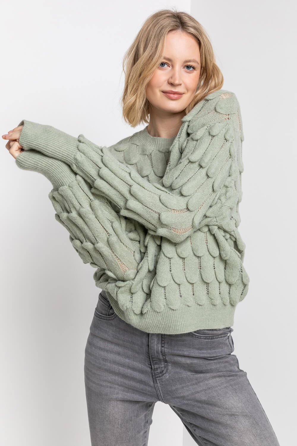 Sage Scallop Textured Knit Jumper, Image 5 of 5