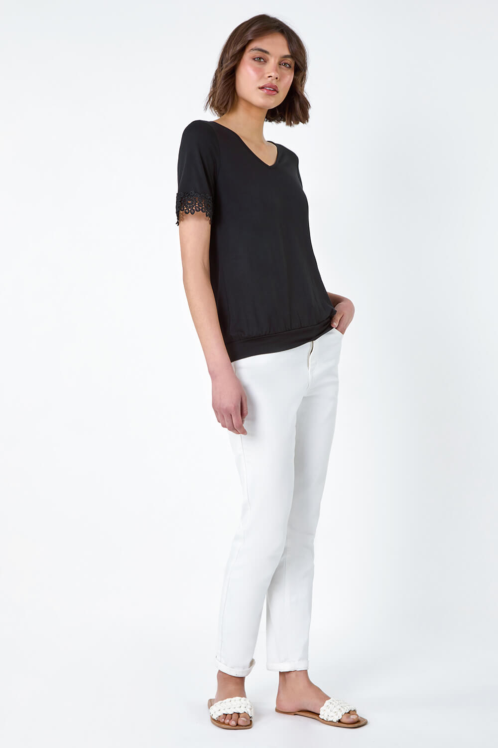 Black Lace Trim Stretch Jersey T-Shirt, Image 2 of 5