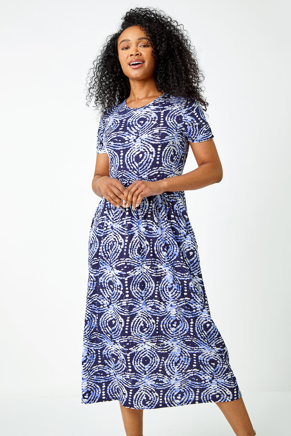 Blue Petite Aztec Print Midi Stretch Dress, Image 2 of 5
