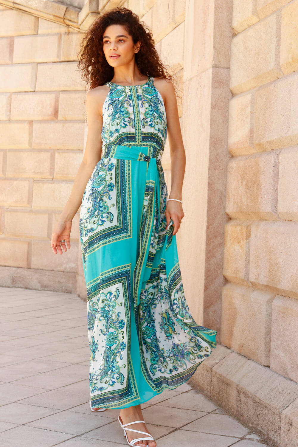 Turquoise Scarf Print Halter Neck Maxi Dress | Roman UK