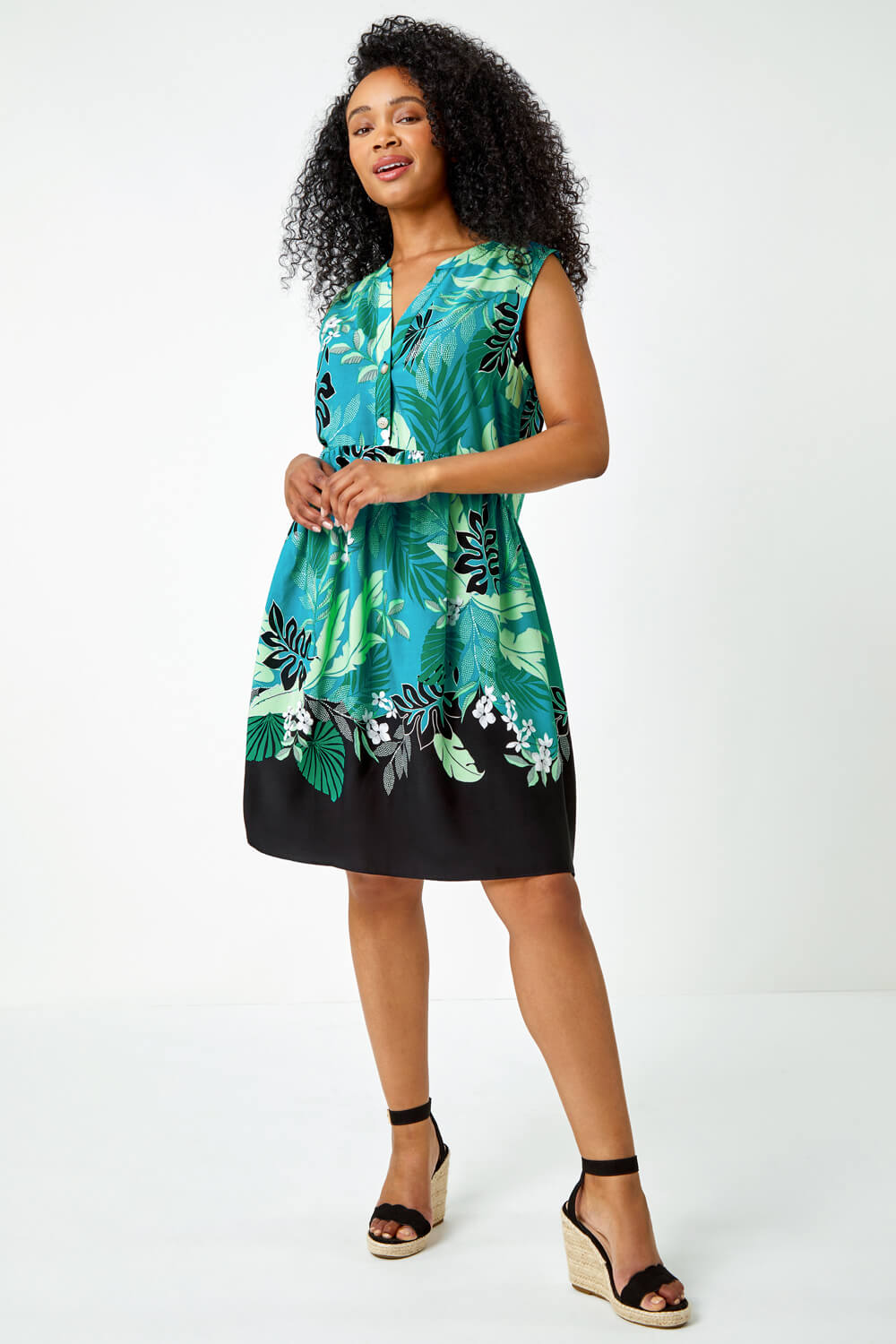 Blue Petite Tropical Print Tunic Dress, Image 2 of 5
