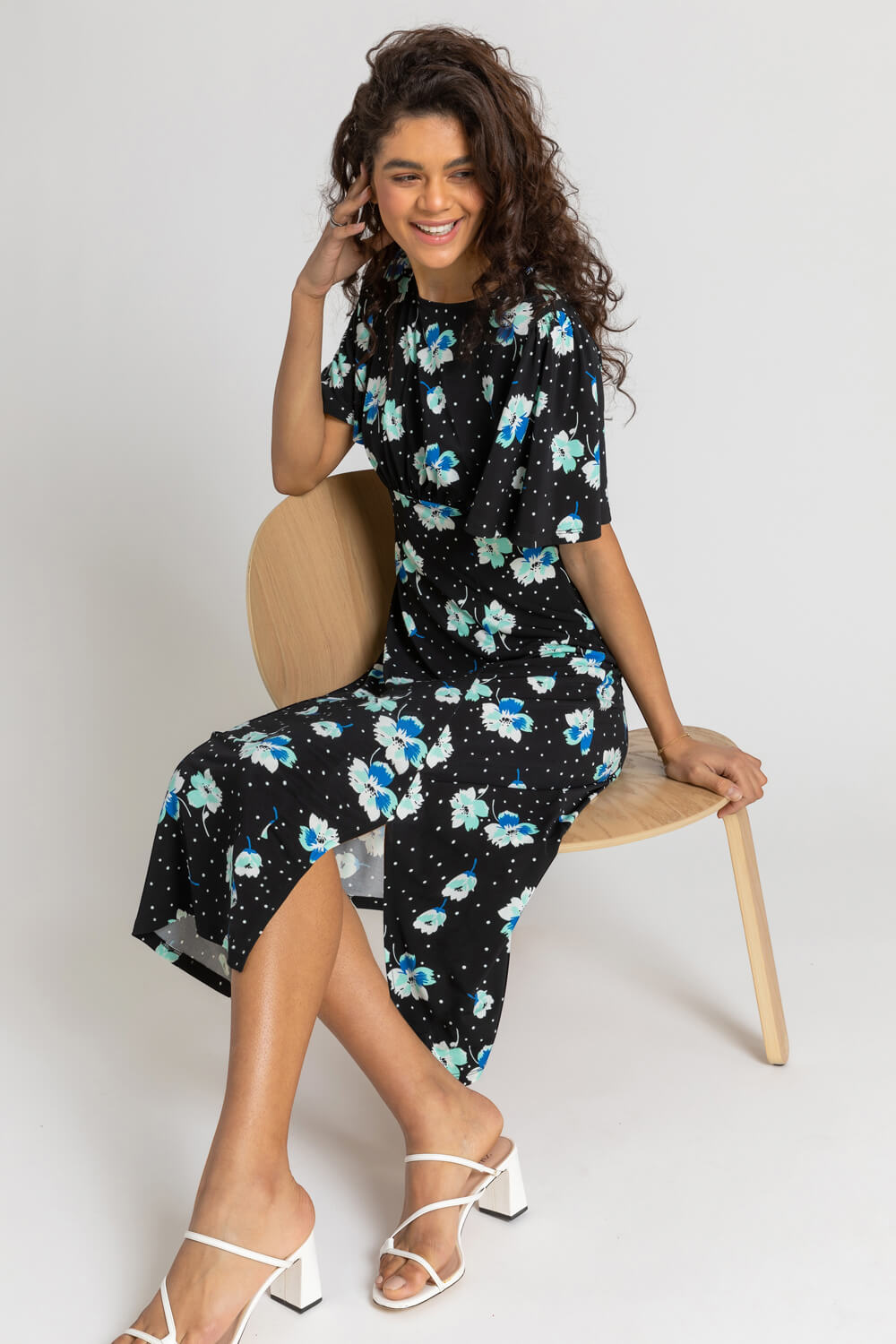 Black Spotted Floral Fit & Flare Midi Dress, Image 5 of 5