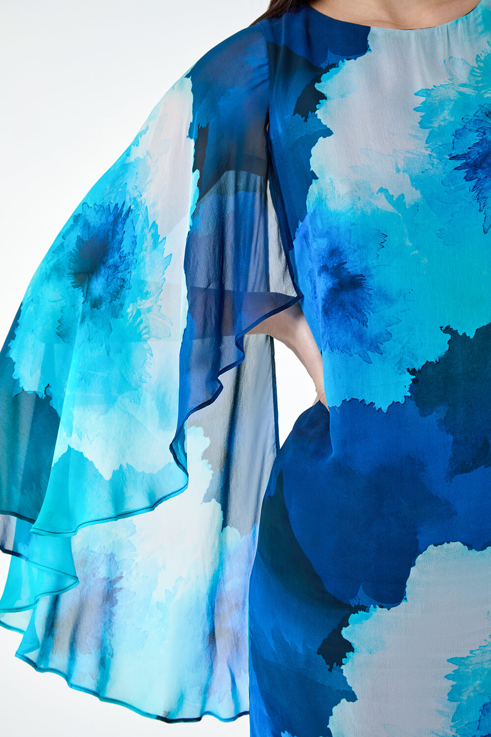 Blue Floral Print Chiffon Cape Dress, Image 5 of 5