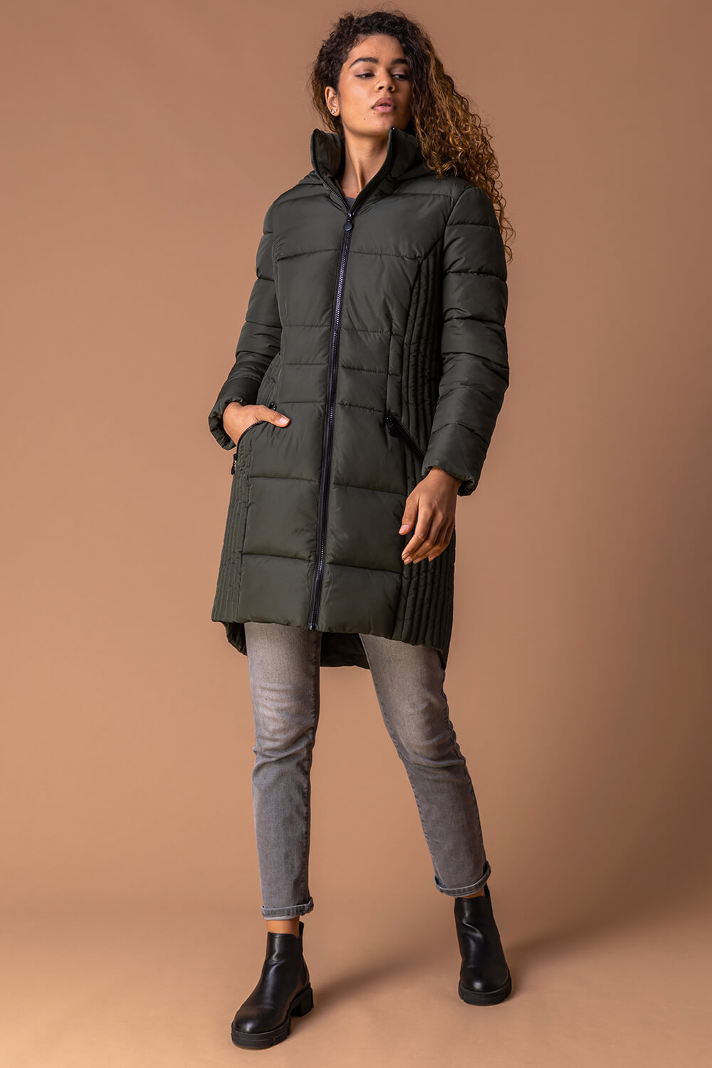 Olive Quilted Longline Hooded Coat, Image 5 of 5